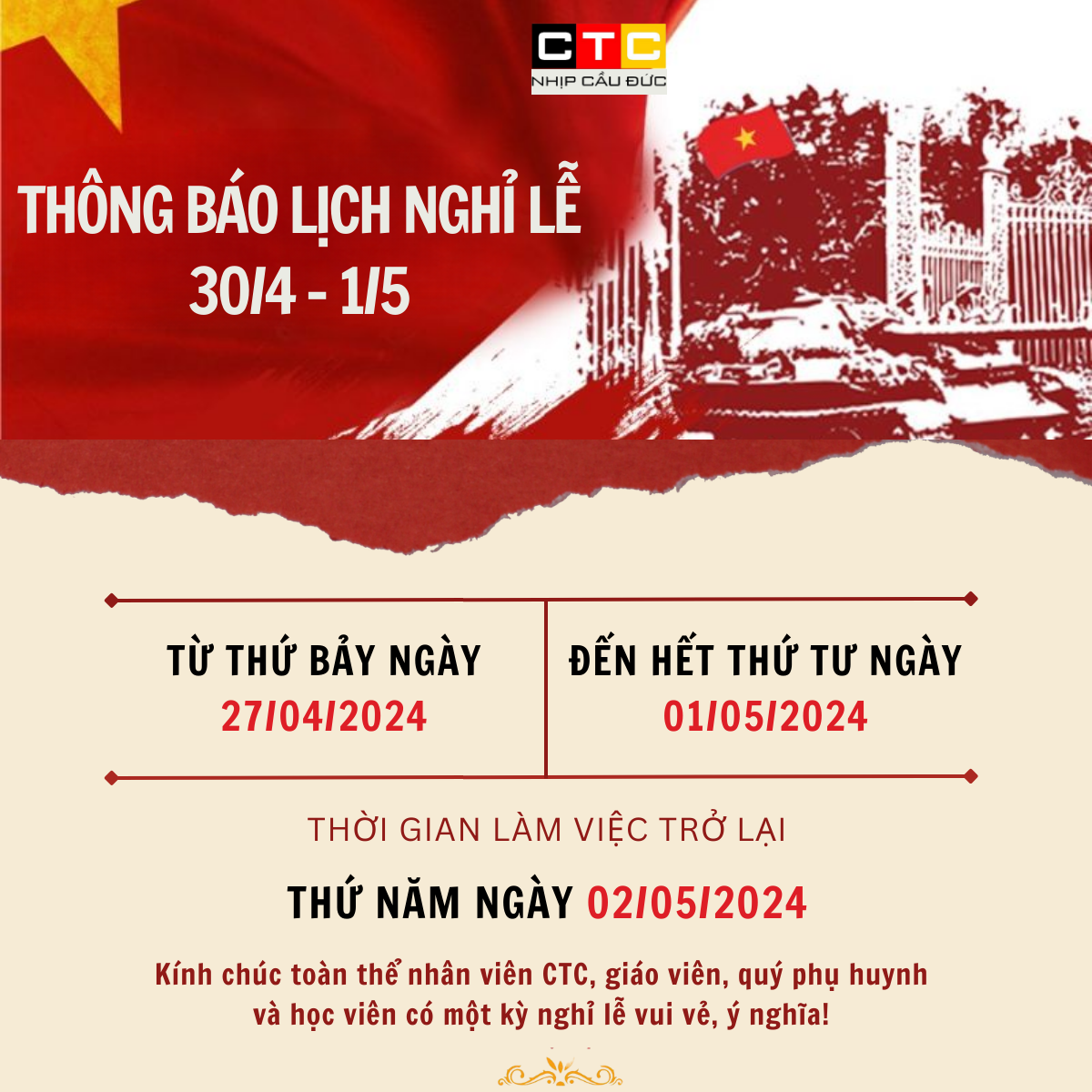 THÔNG BÁO LỊCH NGHỈ LỄ 30/4 và 1/5
