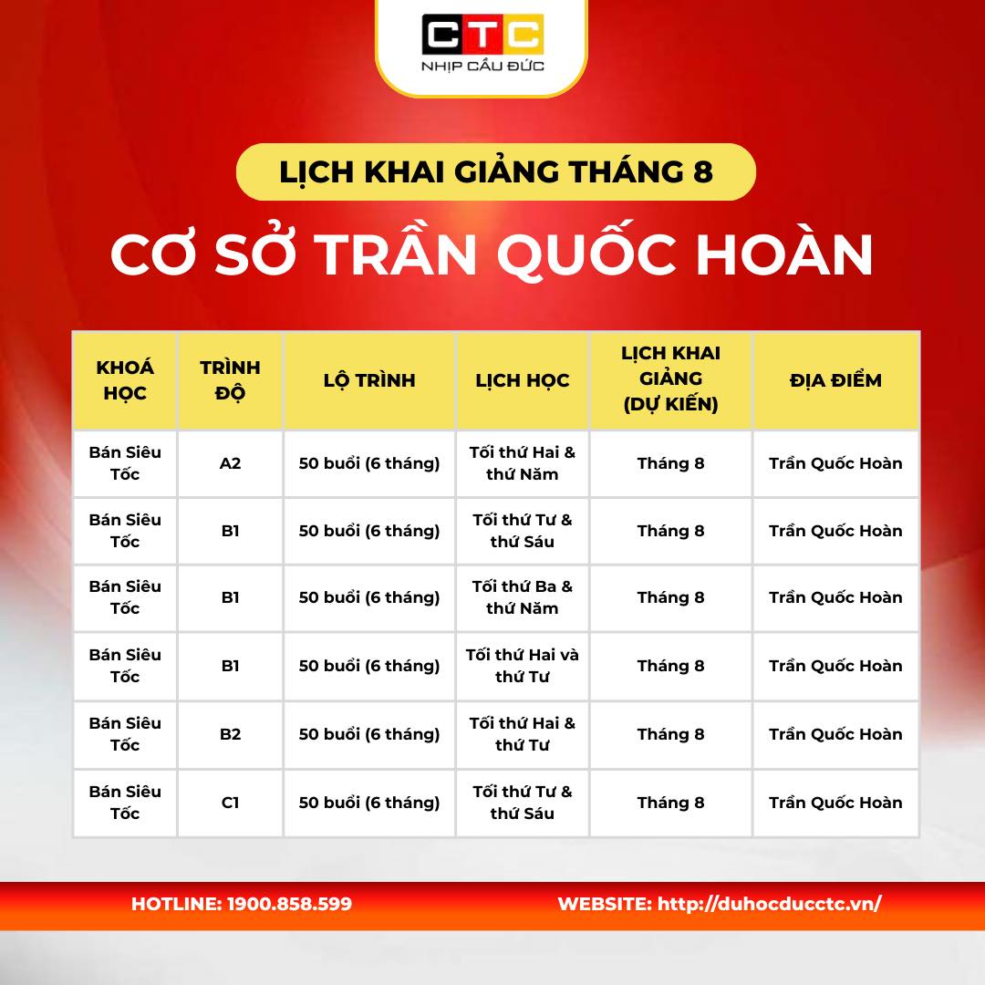Lịch khai giảng tháng 8 tại Cơ sở Trần Quốc Hoàn Lịch khai giảng tháng 8 tại Cơ sở Trần Quốc Hoàn