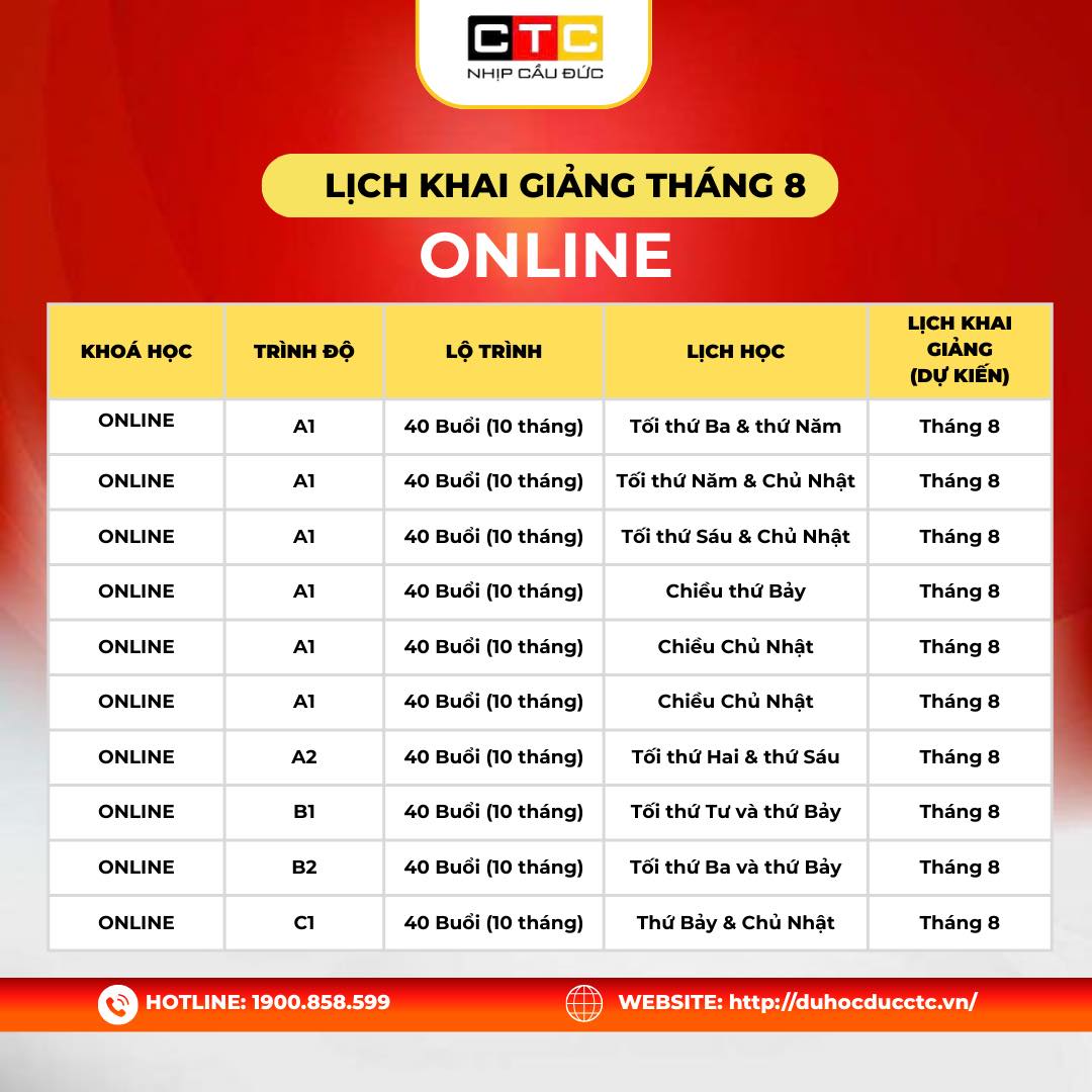 Lịch khai giảng tháng 8 Online Lịch khai giảng tháng 8 Online
