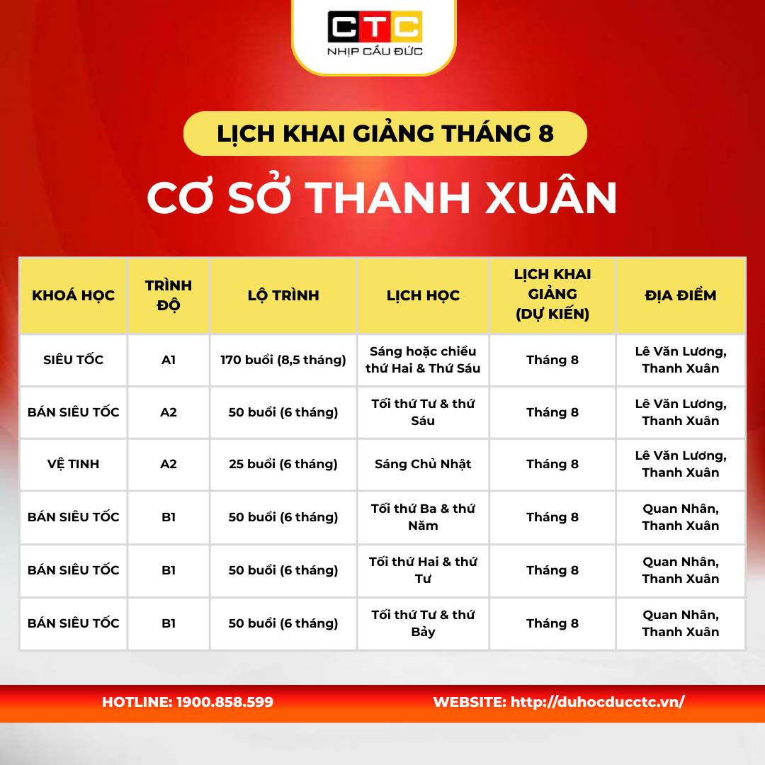Lịch khai giảng tháng 8 tại Cơ sở Thanh Xuân Lịch khai giảng tháng 8 tại Cơ sở Thanh Xuân