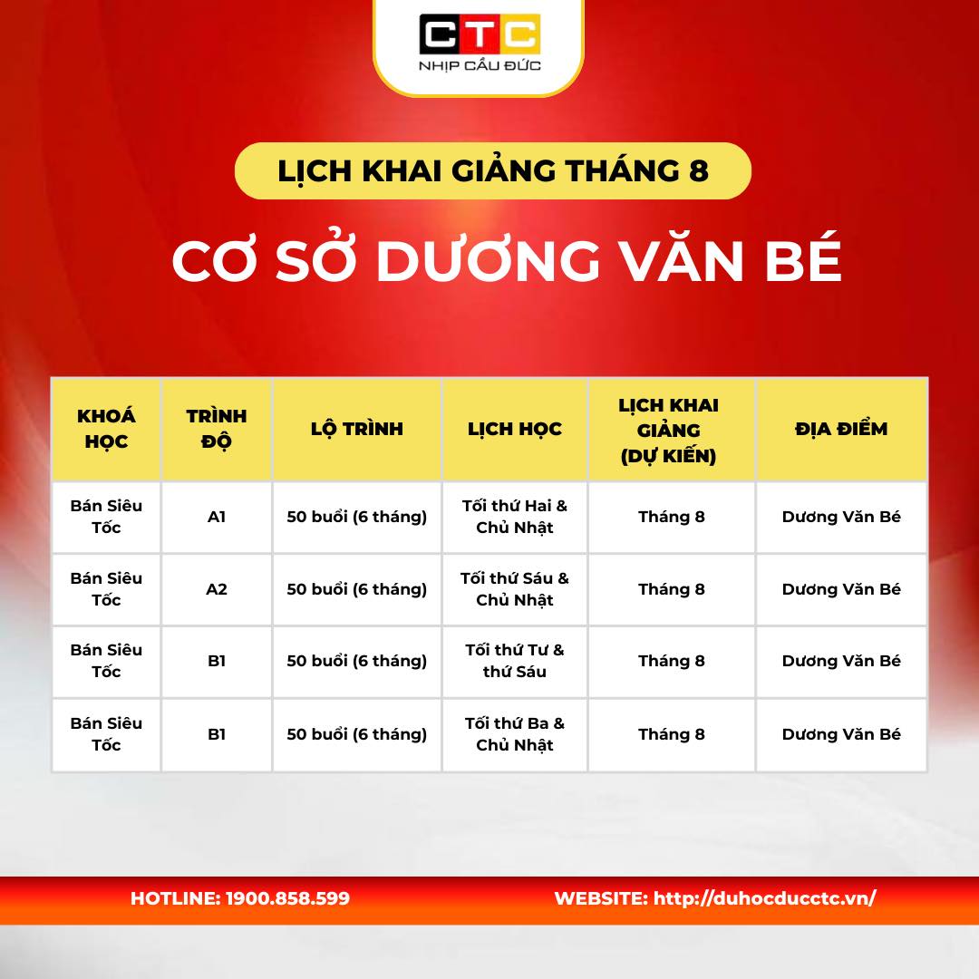 Lịch khai giảng tháng 8 tại Cơ sở Dương Văn Bé Lịch khai giảng tháng 8 tại Cơ sở Dương Văn Bé